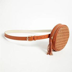 Torrid cognac faux leather & straw round belt bag